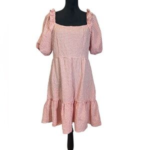 Pink Gingham Puff-Sleeve Summer Dress